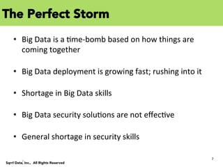 7	
  
Sqrrl Data, Inc., All Rights Reserved
•  Big	
  Data	
  is	
  a	
  Cme-­‐bomb	
  based	
  on	
  how	
  things	
  are	
  
coming	
  together	
  
•  Big	
  Data	
  deployment	
  is	
  growing	
  fast;	
  rushing	
  into	
  it	
  
•  Shortage	
  in	
  Big	
  Data	
  skills	
  
•  Big	
  Data	
  security	
  soluCons	
  are	
  not	
  eﬀecCve	
  
•  General	
  shortage	
  in	
  security	
  skills	
  
The Perfect Storm
7	
  
 