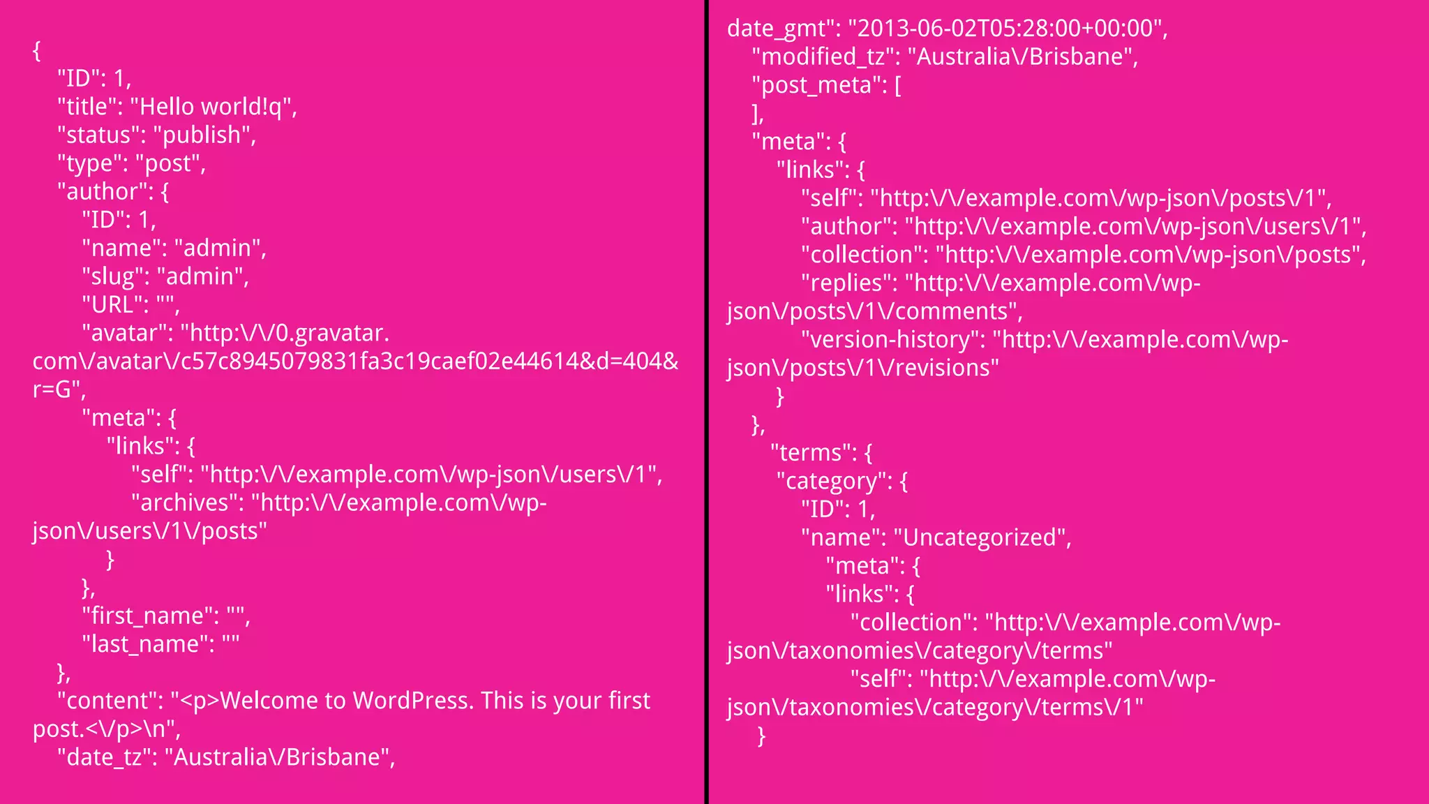 date_gmt": "2013-06-02T05:28:00+00:00",
"modified_tz": "Australia/Brisbane",
"post_meta": [
],
"meta": {
"links": {
"self": "http://example.com/wp-json/posts/1",
"author": "http://example.com/wp-json/users/1",
"collection": "http://example.com/wp-json/posts",
"replies": "http://example.com/wp-
json/posts/1/comments",
"version-history": "http://example.com/wp-
json/posts/1/revisions"
}
},
"terms": {
"category": {
"ID": 1,
"name": "Uncategorized",
"meta": {
"links": {
"collection": "http://example.com/wp-
json/taxonomies/category/terms"
"self": "http://example.com/wp-
json/taxonomies/category/terms/1"
}
{
"ID": 1,
"title": "Hello world!q",
"status": "publish",
"type": "post",
"author": {
"ID": 1,
"name": "admin",
"slug": "admin",
"URL": "",
"avatar": "http://0.gravatar.
com/avatar/c57c8945079831fa3c19caef02e44614&d=404&
r=G",
"meta": {
"links": {
"self": "http://example.com/wp-json/users/1",
"archives": "http://example.com/wp-
json/users/1/posts"
}
},
"first_name": "",
"last_name": ""
},
"content": "<p>Welcome to WordPress. This is your first
post.</p>n",
"date_tz": "Australia/Brisbane",
 
