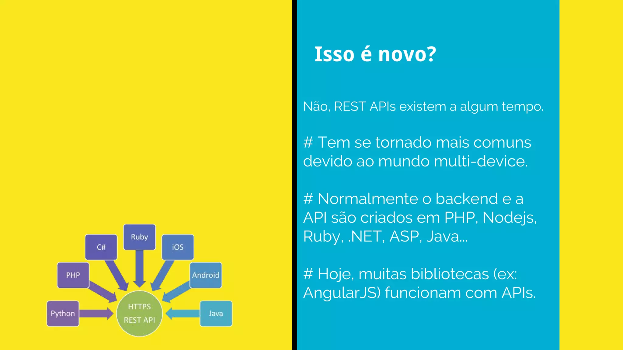 Não, REST APIs existem a algum tempo.
# Tem se tornado mais comuns
devido ao mundo multi-device.
# Normalmente o backend e a
API são criados em PHP, Nodejs,
Ruby, .NET, ASP, Java...
# Hoje, muitas bibliotecas (ex:
AngularJS) funcionam com APIs.
Isso é novo?
 