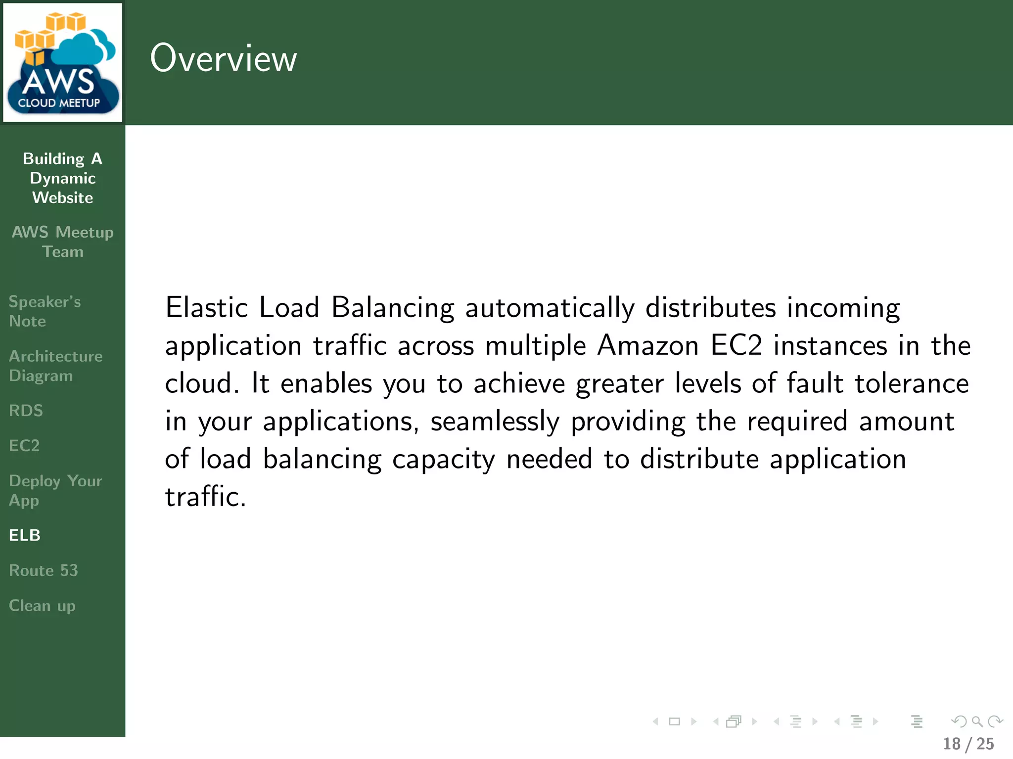 Building A
Dynamic
Website
AWS Meetup
Team
Speaker’s
Note
Architecture
Diagram
RDS
EC2
Deploy Your
App
ELB
Route 53
Clean up
Overview
Elastic Load Balancing automatically distributes incoming
application traﬃc across multiple Amazon EC2 instances in the
cloud. It enables you to achieve greater levels of fault tolerance
in your applications, seamlessly providing the required amount
of load balancing capacity needed to distribute application
traﬃc.
18 / 25
 