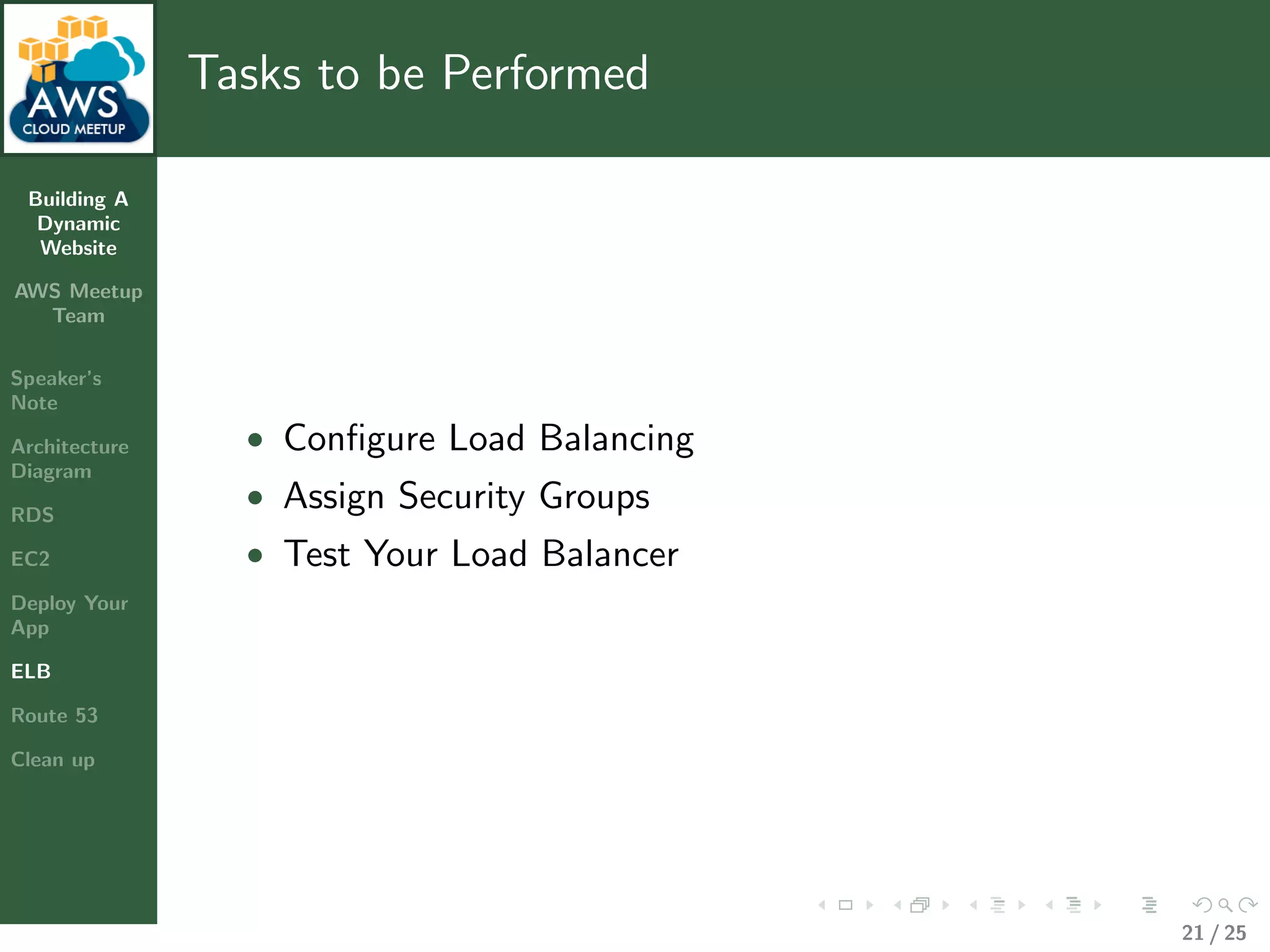 Building A
Dynamic
Website
AWS Meetup
Team
Speaker’s
Note
Architecture
Diagram
RDS
EC2
Deploy Your
App
ELB
Route 53
Clean up
Tasks to be Performed
• Conﬁgure Load Balancing
• Assign Security Groups
• Test Your Load Balancer
21 / 25
 