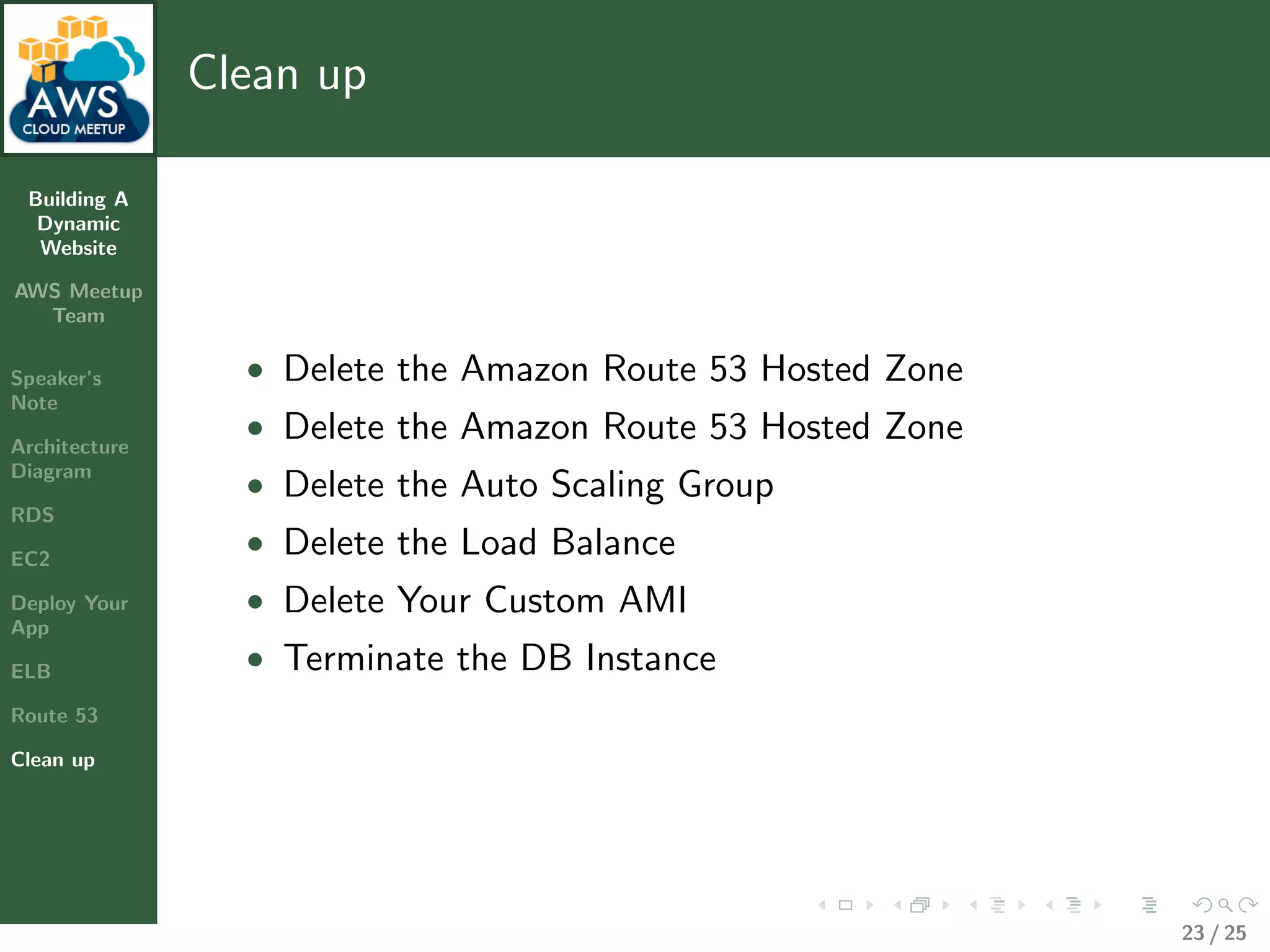 Building A
Dynamic
Website
AWS Meetup
Team
Speaker’s
Note
Architecture
Diagram
RDS
EC2
Deploy Your
App
ELB
Route 53
Clean up
Clean up
• Delete the Amazon Route 53 Hosted Zone
• Delete the Amazon Route 53 Hosted Zone
• Delete the Auto Scaling Group
• Delete the Load Balance
• Delete Your Custom AMI
• Terminate the DB Instance
23 / 25
 