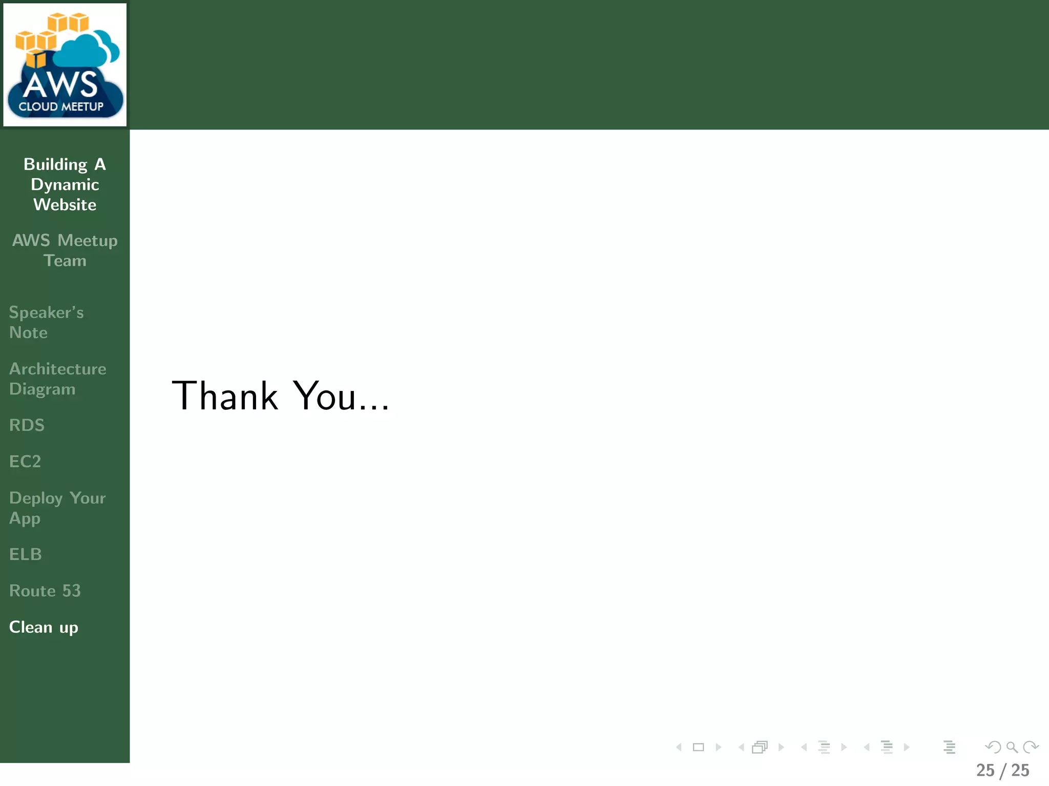 Building A
Dynamic
Website
AWS Meetup
Team
Speaker’s
Note
Architecture
Diagram
RDS
EC2
Deploy Your
App
ELB
Route 53
Clean up
Thank You...
25 / 25
 