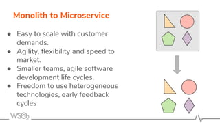Monolith to Microservice
● Easy to scale with customer
demands.
● Agility, ﬂexibility and speed to
market.
● Smaller teams, agile software
development life cycles.
● Freedom to use heterogeneous
technologies, early feedback
cycles
 