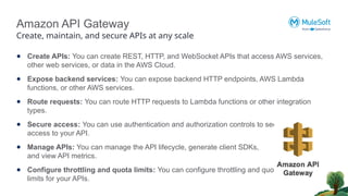 Amazon API Gateway
Create, maintain, and secure APIs at any scale
● Create APIs: You can create REST, HTTP, and WebSocket APIs that access AWS services,
other web services, or data in the AWS Cloud.
● Expose backend services: You can expose backend HTTP endpoints, AWS Lambda
functions, or other AWS services.
● Route requests: You can route HTTP requests to Lambda functions or other integration
types.
● Secure access: You can use authentication and authorization controls to secure
access to your API.
● Manage APIs: You can manage the API lifecycle, generate client SDKs,
and view API metrics.
● Configure throttling and quota limits: You can configure throttling and quota
limits for your APIs.
 