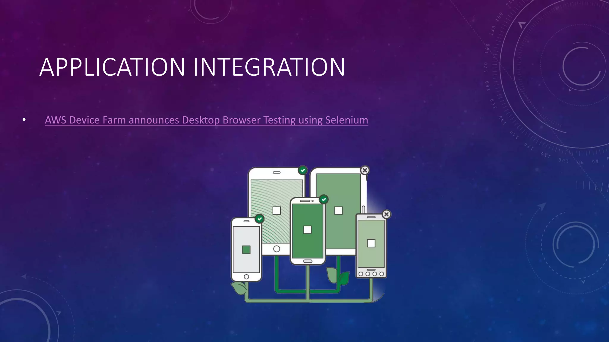 APPLICATION INTEGRATION
• AWS Device Farm announces Desktop Browser Testing using Selenium
 