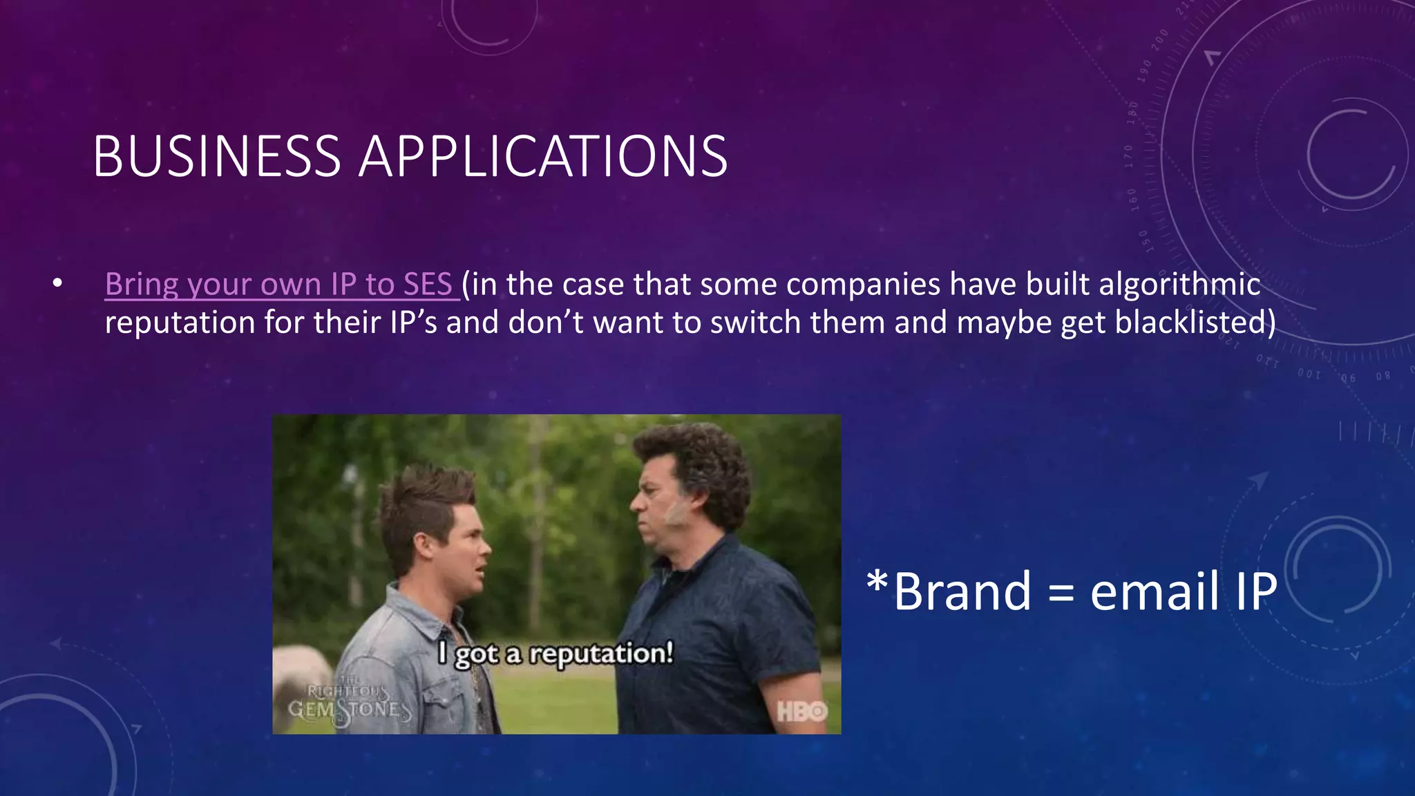 BUSINESS APPLICATIONS
• Bring your own IP to SES (in the case that some companies have built algorithmic
reputation for their IP’s and don’t want to switch them and maybe get blacklisted)
*Brand = email IP
 