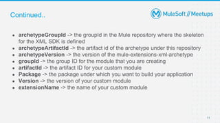 Continued..
● archetypeGroupId -> the groupId in the Mule repository where the skeleton
for the XML SDK is defined
● archetypeArtifactId -> the artifact id of the archetype under this repository
● archetypeVersion -> the version of the mule-extensions-xml-archetype
● groupId -> the group ID for the module that you are creating
● artifactId -> the artifact ID for your custom module
● Package -> the package under which you want to build your application
● Version -> the version of your custom module
● extensionName -> the name of your custom module
11
 