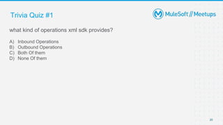 Trivia Quiz #1
20
what kind of operations xml sdk provides?
A) Inbound Operations
B) Outbound Operations
C) Both Of them
D) None Of them
 