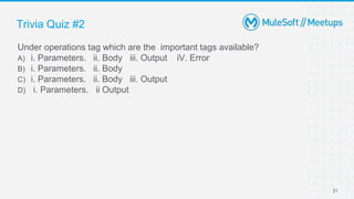Trivia Quiz #2
21
Under operations tag which are the important tags available?
A) i. Parameters. ii. Body iii. Output iV. Error
B) i. Parameters. ii. Body
C) i. Parameters. ii. Body iii. Output
D) i. Parameters. ii Output
 