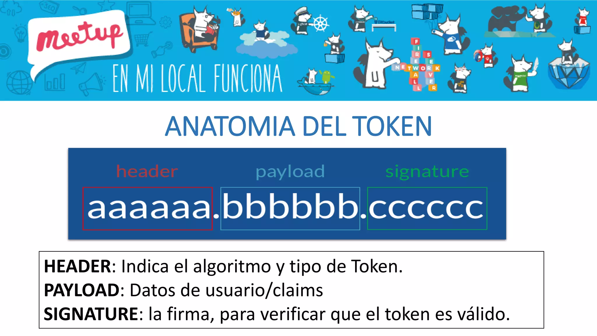ANATOMIA DEL TOKEN
HEADER: Indica el algoritmo y tipo de Token.
PAYLOAD: Datos de usuario/claims
SIGNATURE: la firma, para verificar que el token es válido.
 
