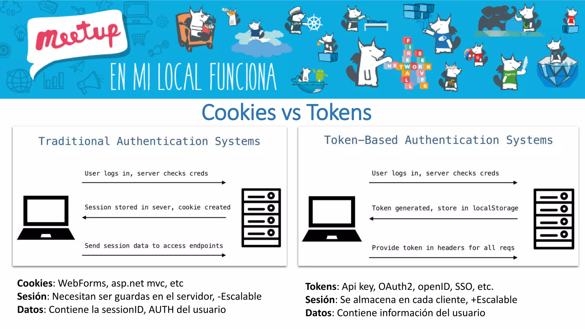 Cookies: WebForms, asp.net mvc, etc
Sesión: Necesitan ser guardas en el servidor, -Escalable
Datos: Contiene la sessionID, AUTH del usuario
Tokens: Api key, OAuth2, openID, SSO, etc.
Sesión: Se almacena en cada cliente, +Escalable
Datos: Contiene información del usuario
Cookies vs Tokens
 