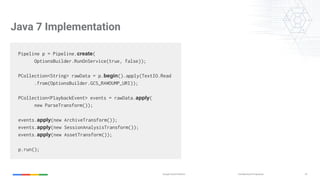 Confidential & ProprietaryGoogle Cloud Platform 32
Pipeline p = Pipeline.create(
OptionsBuilder.RunOnService(true, false));
PCollection<String> rawData = p.begin().apply(TextIO.Read
.from(OptionsBuilder.GCS_RAWDUMP_URI));
PCollection<PlaybackEvent> events = rawData.apply(
new ParseTransform());
events.apply(new ArchiveTransform());
events.apply(new SessionAnalysisTransform());
events.apply(new AssetTransform());
p.run();
Java 7 Implementation
 