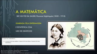 A MATEMÁTICA
http://www.history.com/topics/womens-history/florence-nightingale
https://www.youtube.com/watch?v=sYZnzt0CJtE
https://www.obaricentrodamente.com/2014/06/florence-nightingale-e-os-graficos_7.html
SEC XIX FOI DA SAÚDE: Florence Nightingale (1820 - 1910)
LEMBRADA PELA ENFERMAGEM
E ESTATÍSTICA COM
USO DE GRÁFICOS!
 