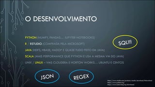 O DESENVOLVIMENTO
PYTHON (NUMPY, PANDAS… JUPYTER NOTEBOOKS)
R / RSTUDIO (COMPRADA PELA MICROSOFT)
JAVA (HDFS, HBASE, HADOP E QUASE TUDO FEITO EM JAVA)
SCALA (MAIS PERFORMANCE QUE PYTHON E USA A MESMA VM DO JAVA)
UNIX / LINUX – VMS CLOUDERA E HORTON WORKS… UBUNTU E CENTOS
https://www.rstudio.com/products/rstudio/download/#download
https://www.python.org/
https://www.scala-lang.org/download/
 