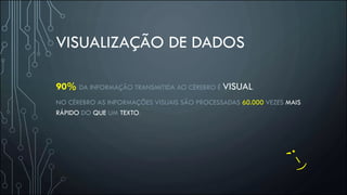 VISUALIZAÇÃO DE DADOS
90% DA INFORMAÇÃO TRANSMITIDA AO CÉREBRO É VISUAL.
NO CÉREBRO AS INFORMAÇÕES VISUAIS SÃO PROCESSADAS 60.000 VEZES MAIS
RÁPIDO DO QUE UM TEXTO.
 