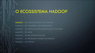 O ECOSSISTEMA HADOOP
HADOOP… DA AMAZON (ELASTIC MAP REDUCE)
HADOOP… DA CLOUDERA (CDH DISTRIBUTION)
HADOOP… DA HORTONWORKS (HORTON DATA PLATFORM)
HADOOP… DA MAPR
HADOOP… DA IBM (OPEN PLATFORM)
HADOOP… DA MICROSOFT (AZURE’S HD INSIGHT)
HADOOP… DA PIVOTAL
 
