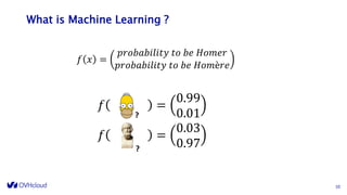 What is Machine Learning ?
10
𝑓 =
0.99
0.01
𝑓 =
0.03
0.97
𝑓 𝑥 =
𝑝𝑟𝑜𝑏𝑎𝑏𝑖𝑙𝑖𝑡𝑦 𝑡𝑜 𝑏𝑒 𝐻𝑜𝑚𝑒𝑟
𝑝𝑟𝑜𝑏𝑎𝑏𝑖𝑙𝑖𝑡𝑦 𝑡𝑜 𝑏𝑒 𝐻𝑜𝑚è𝑟𝑒
?
?
 