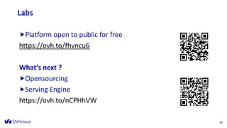 Labs
Platform open to public for free
https://ovh.to/fhvncu6
What’s next ?
Opensourcing
Serving Engine
https://ovh.to/nCPHhVW
34
 