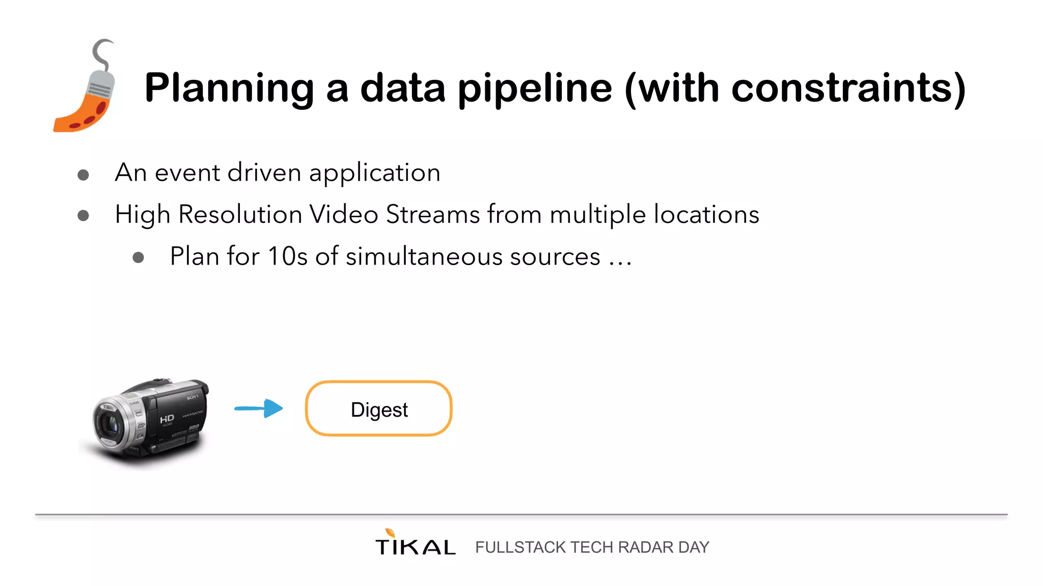 FULLSTACK TECH RADAR DAY
Planning a data pipeline (with constraints)
● An event driven application
● High Resolution Video Streams from multiple locations
● Plan for 10s of simultaneous sources …
Digest
 
