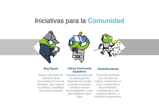 Contribuciones
Se puede contribuir
con una idea de
mejora, resolviendo un
bug o mejorando la
documentación,
contestando a una
pregunta del foro, o
haciendo traducciones.
Aquellas personas que
se descargan las
versiones de nuestro
producto y prueban
nuestras nuevas
funcionalidades y nos
dan feedback sobre
ellas
Liferay Community
Expedition
Iniciativas para la Comunidad
Bug Squad
Equipo voluntario de
miembros de la
comunidad que nos da
feedback para mejorar
la calidad y usabilidad
de nuestro producto
 