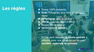 ★ Soyez 100% présents
★ Osez ! Imaginez plus loin, challengez,
rêvez
★ Ne critiquez pas, proposez !
★ OUI et … au lieu de OUI MAIS …
★ Respectez le timing
★ SOYEZ VOUS-MÊME !
Si l’on peut résumer la bonne posture à
adopter pour une observation réussie :
humilité, ouverture et curiosité.
Les règles
 