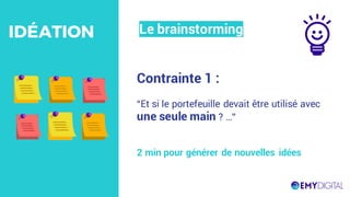 Contrainte 1 :
“Et si le portefeuille devait être utilisé avec
une seule main ? …”
2 min pour générer de nouvelles idées
Le brainstormingIDÉATION
 