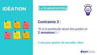 Contrainte 3 :
“Et si le portefeuille devait être produit en
2 semaines ?…”
2 min pour générer de nouvelles idées
Le brainstormingIDÉATION
 