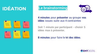4 minutes pour présenter au groupe vos
idées issues suite aux 4 contraintes
Soit 1 minute par participant - choisir 5
idées max à présenter.
Le brainstormingIDÉATION
8 minutes pour faire le tri des idées.
 