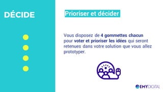 Prioriser et déciderDÉCIDE
Vous disposez de 4 gommettes chacun
pour voter et prioriser les idées qui seront
retenues dans votre solution que vous allez
prototyper.
 