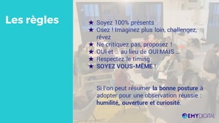 ★ Soyez 100% présents
★ Osez ! Imaginez plus loin, challengez,
rêvez
★ Ne critiquez pas, proposez !
★ OUI et … au lieu de OUI MAIS …
★ Respectez le timing
★ SOYEZ VOUS-MÊME !
Si l’on peut résumer la bonne posture à
adopter pour une observation réussie :
humilité, ouverture et curiosité.
Les règles
 