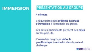 4 minutes
Chaque participant présente sa phase
d’immersion à l’ensemble du groupe.
Les autres participants prennent des notes
sur les post-its.
L’ensemble du groupe défini la
problématique à résoudre dans la suite du
challenge.
PRÉSENTATION AU GROUPEIMMERSION
 