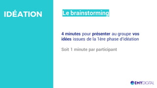 4 minutes pour présenter au groupe vos
idées issues de la 1ère phase d’idéation
Soit 1 minute par participant
Le brainstormingIDÉATION
 