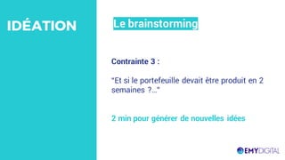 Contrainte 3 :
“Et si le portefeuille devait être produit en 2
semaines ?…”
2 min pour générer de nouvelles idées
Le brainstormingIDÉATION
 