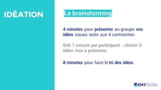 4 minutes pour présenter au groupe vos
idées issues suite aux 4 contraintes
Soit 1 minute par participant - choisir 5
idées max à présenter.
Le brainstormingIDÉATION
8 minutes pour faire le tri des idées.
 