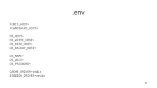 .env
REDIS_HOST=
BEANSTALKD_HOST=
DB_HOST=
DB_WRITE_HOST=
DB_READ_HOST=
DB_BACKUP_HOST=
DB_NAME=
DB_USER=
DB_PASSWORD=
CACHE_DRIVER=redis
SESSION_DRIVER=redis
51
 