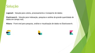 Solução
Logstash – Solução para coleta, processamento e transporte de dados;
Elasticsearch – Solução para indexação, pesquisa e análise de grande quantidade de
dados em tempo real;
Kibana - Front-end para pesquisa, análise e visualização de dados no Elasticsearch.
 