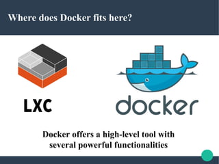 Where does Docker fits here?
Docker offers a high-level tool with
several powerful functionalities
 
