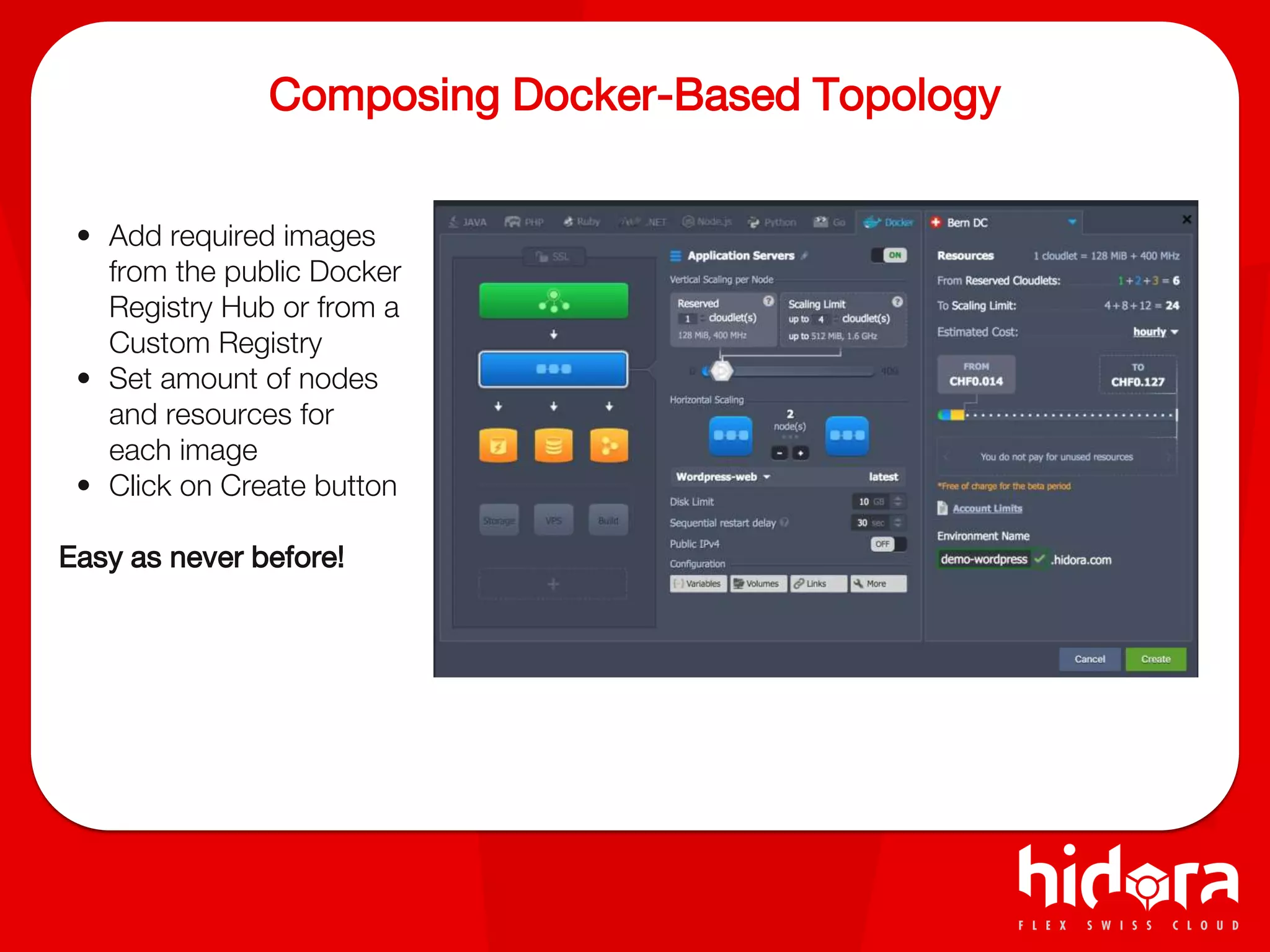 Composing Docker-Based Topology
• Add required images
from the public Docker
Registry Hub or from a
Custom Registry
• Set amount of nodes
and resources for
each image
• Click on Create button
Easy as never before!
 