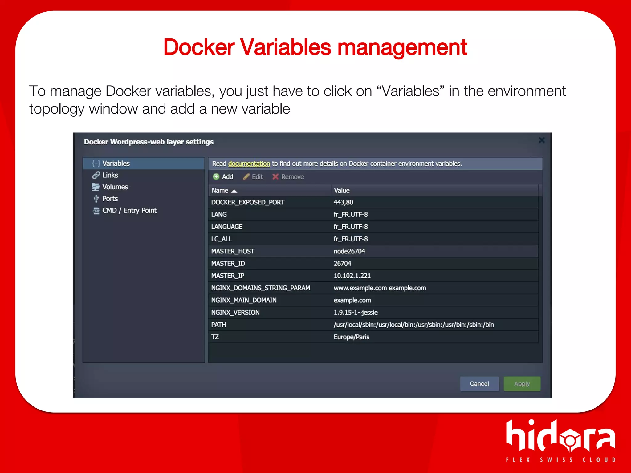 Docker Variables management
To manage Docker variables, you just have to click on “Variables” in the environment
topology window and add a new variable
 