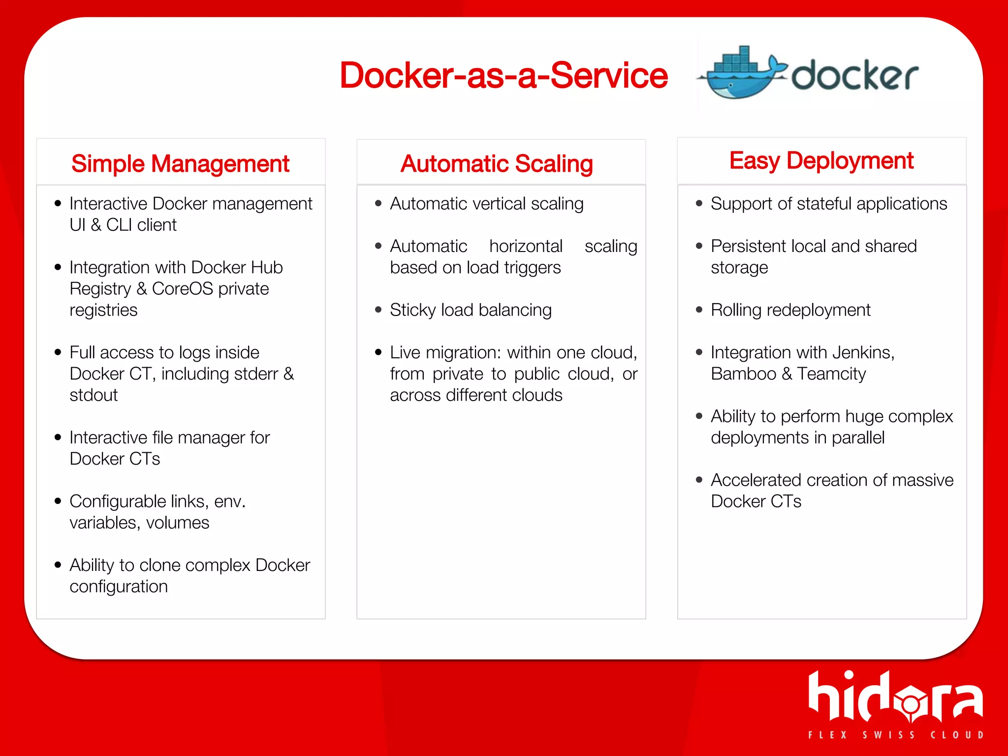 Docker-as-a-Service
Easy DeploymentSimple Management
• Interactive Docker management
UI & CLI client
• Integration with Docker Hub
Registry & CoreOS private
registries
• Full access to logs inside
Docker CT, including stderr &
stdout
• Interactive file manager for
Docker CTs
• Configurable links, env.
variables, volumes
• Ability to clone complex Docker
configuration
• Automatic vertical scaling
• Automatic horizontal scaling
based on load triggers
• Sticky load balancing
• Live migration: within one cloud,
from private to public cloud, or
across different clouds
• Support of stateful applications
• Persistent local and shared
storage
• Rolling redeployment
• Integration with Jenkins,
Bamboo & Teamcity
• Ability to perform huge complex
deployments in parallel
• Accelerated creation of massive
Docker CTs
Automatic Scaling
 