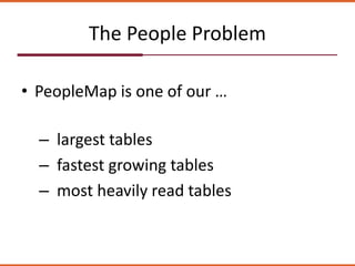 The People Problem
• PeopleMap is one of our …
– largest tables
– fastest growing tables
– most heavily read tables
 