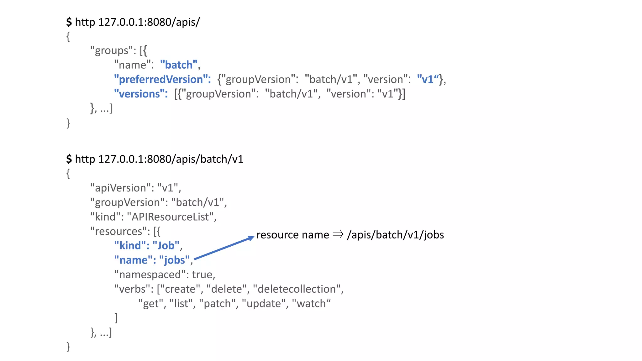 $	http	127.0.0.1:8080/apis/	
{
"groups":	[{
"name": "batch",
"preferredVersion": {"groupVersion": "batch/v1", "version": "v1“},
"versions": [{"groupVersion": "batch/v1",		"version":	"v1"}]
},	...]
}
$	http	127.0.0.1:8080/apis/batch/v1
{
"apiVersion":	"v1",
"groupVersion":	"batch/v1",
"kind":	"APIResourceList",
"resources":	[{
"kind":	"Job",
"name":	"jobs",
"namespaced":	true,
"verbs":	["create",	"delete",	"deletecollection",
"get",	"list",	"patch",	"update",	"watch“
]
},	...]
}
resource name ⇒ /apis/batch/v1/jobs
 