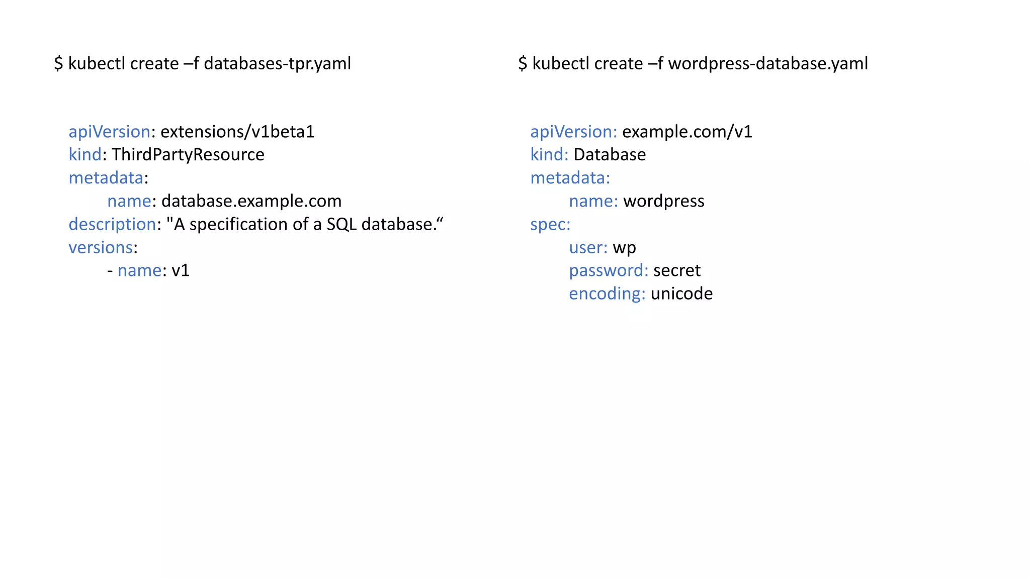 apiVersion:	extensions/v1beta1
kind:	ThirdPartyResource
metadata:		
name:	database.example.com
description:	"A	specification of a	SQL	database.“
versions:
- name:	v1
$	kubectl create –f	databases-tpr.yaml $	kubectl create –f	wordpress-database.yaml
apiVersion:	example.com/v1
kind:	Database
metadata:
name:	wordpress
spec:
user:	wp
password:	secret
encoding:	unicode
 