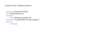 apiVersion:	extensions/v1beta1
kind:	ThirdPartyResource
metadata:		
name:	databases.example.com
description:	"A	specification of a	SQL	database.“
versions:
- name:	v1
$	kubectl create –f	databases-tpr.yaml
 