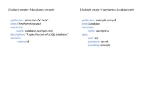 apiVersion:	extensions/v1beta1
kind:	ThirdPartyResource
metadata:		
name:	database.example.com
description:	"A	specification of a	SQL	database.“
versions:
- name:	v1
$	kubectl create –f	databases-tpr.yaml $	kubectl create –f	wordpress-database.yaml
apiVersion:	example.com/v1
kind:	Database
metadata:
name:	wordpress
spec:
user:	wp
password:	secret
encoding:	unicode
 