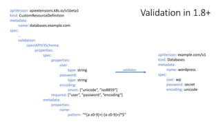 Validation	in	1.8+apiVersion:	apiextensions.k8s.io/v1beta1
kind: CustomResourceDefinition
metadata:		
name:	databases.example.com
spec:
...
validation:
openAPIV3Schema:
properties:
spec:
properties:
user:
type:	string
password:
type:	string
encoding:
enum:	[“unicode“, “iso8859“]
required:	[“user“,	“password“,	“encoding“]
metadata:
properties:
name:
pattern:	“^[a-z0-9]+(-[a-z0-9]+)*$“
apiVersion:	example.com/v1
kind:	Databases
metadata:
name:	wordpress
spec:
user:	wp
password:	secret
encoding:	unicode
validates
 