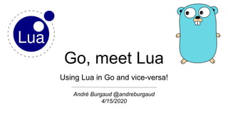 Go, meet Lua
Using Lua in Go and vice-versa!
André Burgaud @andreburgaud
4/15/2020
 