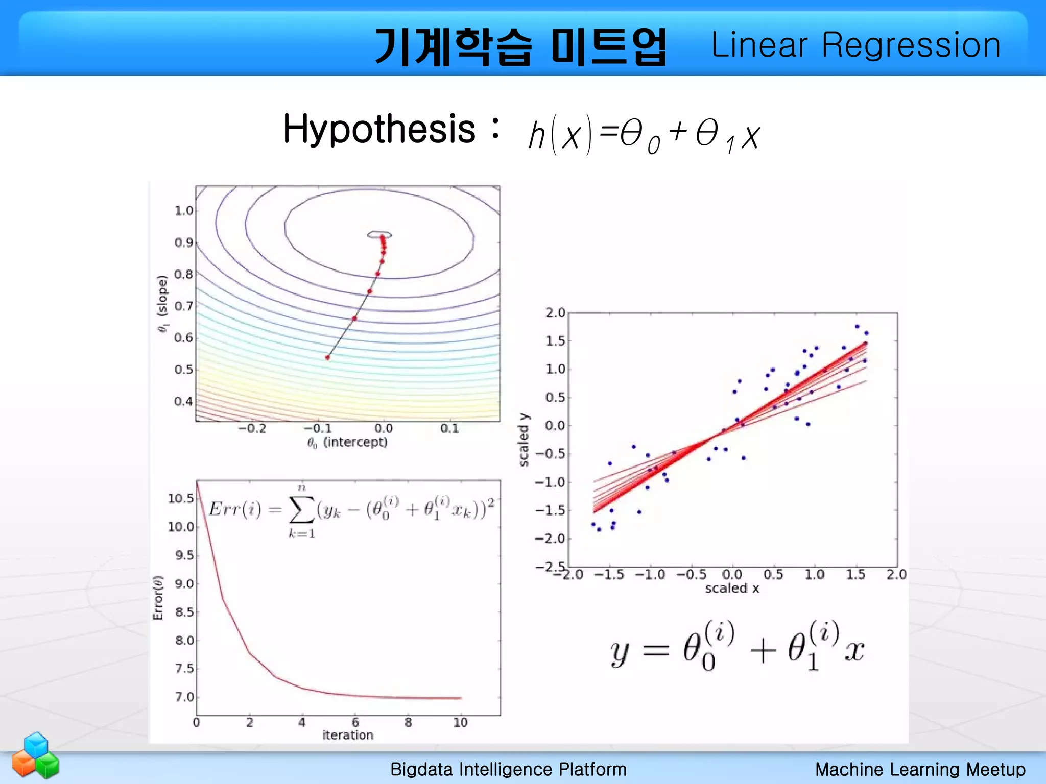 Bigdata Intelligence Platform Machine Learning Meetup
기계학습 미트업
Hypothesis : h (x)=θ0 +θ1 x
Linear Regression
 