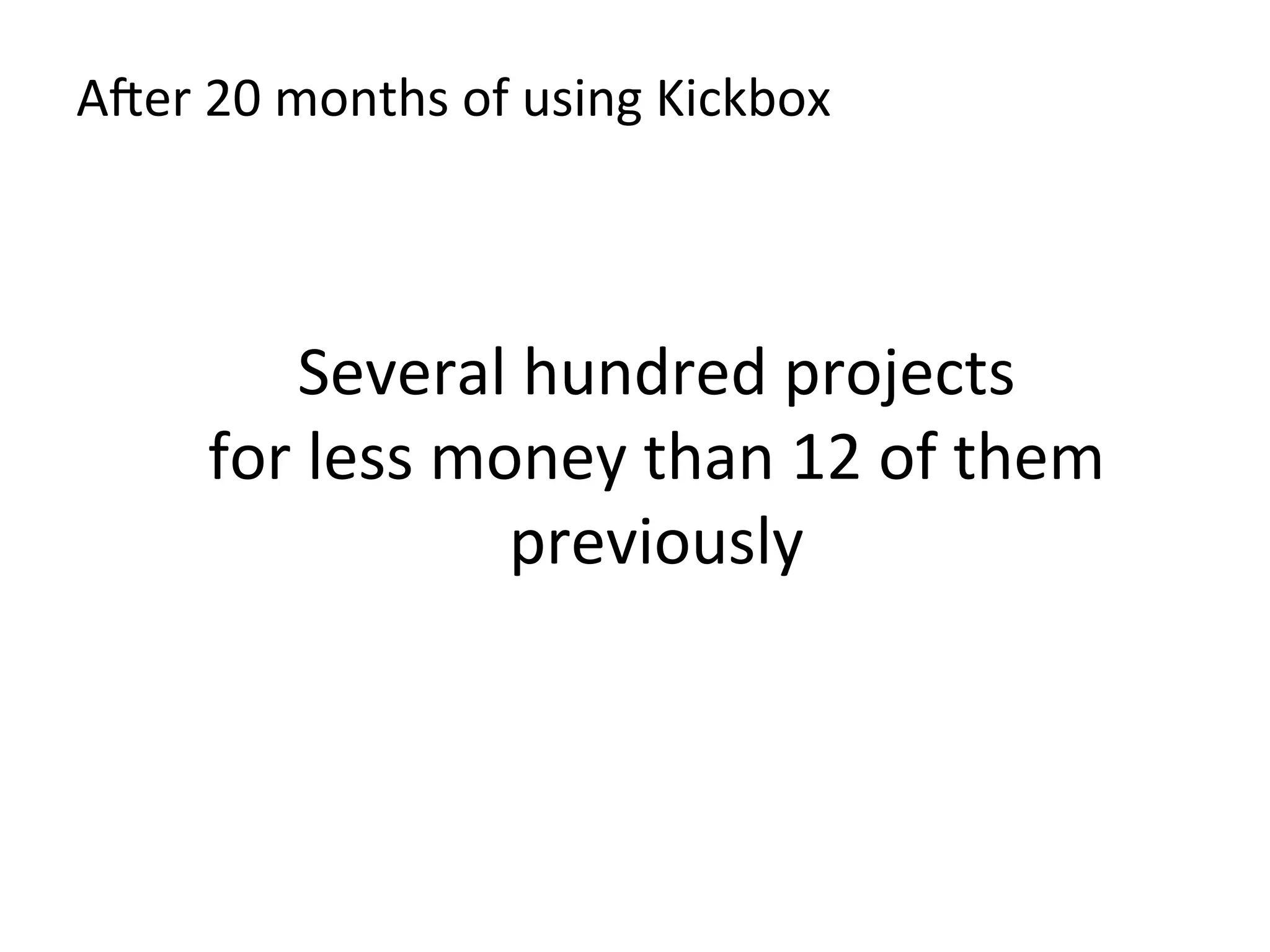 Ader	
  20	
  months	
  of	
  using	
  Kickbox	
  
	
  
	
  
Several	
  hundred	
  projects	
  	
  
for	
  less	
  money	
  than	
  12	
  of	
  them	
  
previously	
  
 